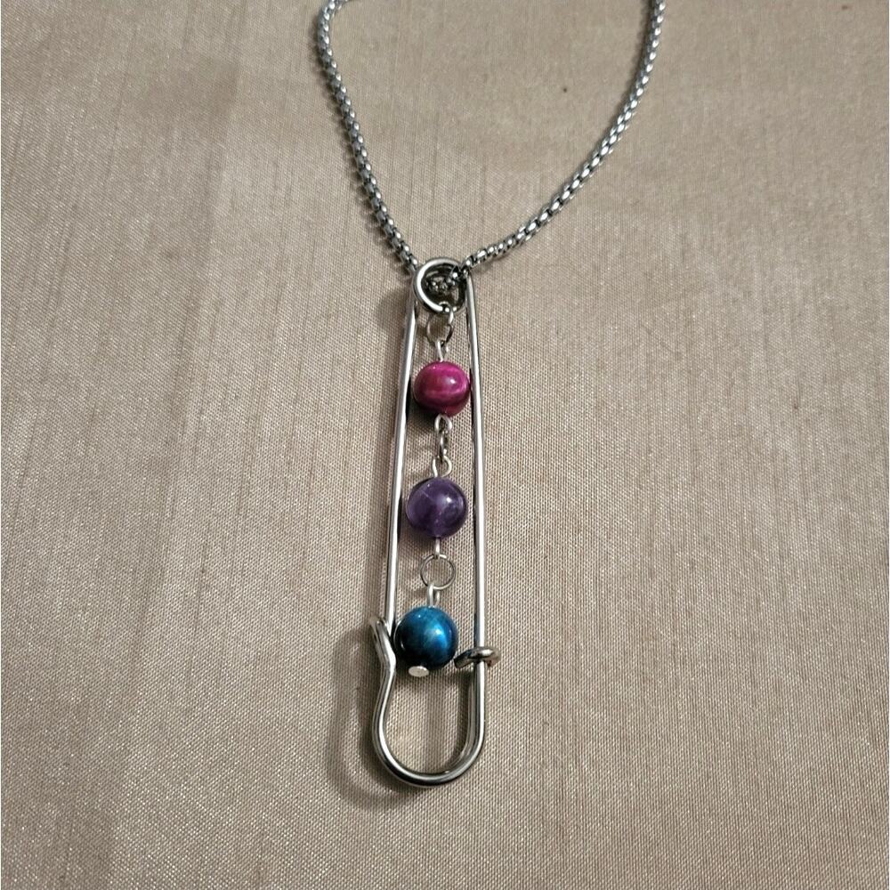 Safety pin bi pride flag beaded necklace, blue & pink tiger's eye with amethyst